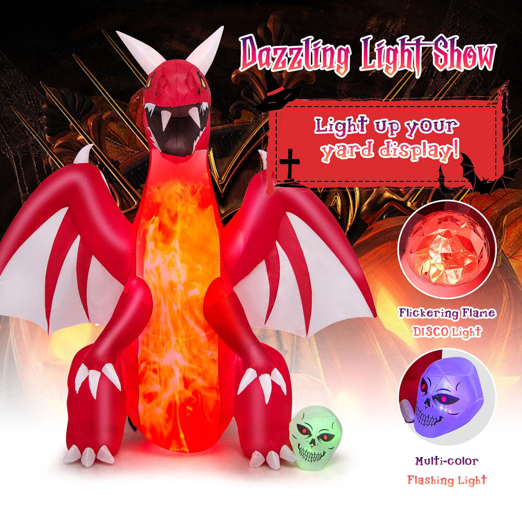 Costway 8 FT Halloween Inflatable Red Dragon with Wings & Skull Holiday Decoration Light