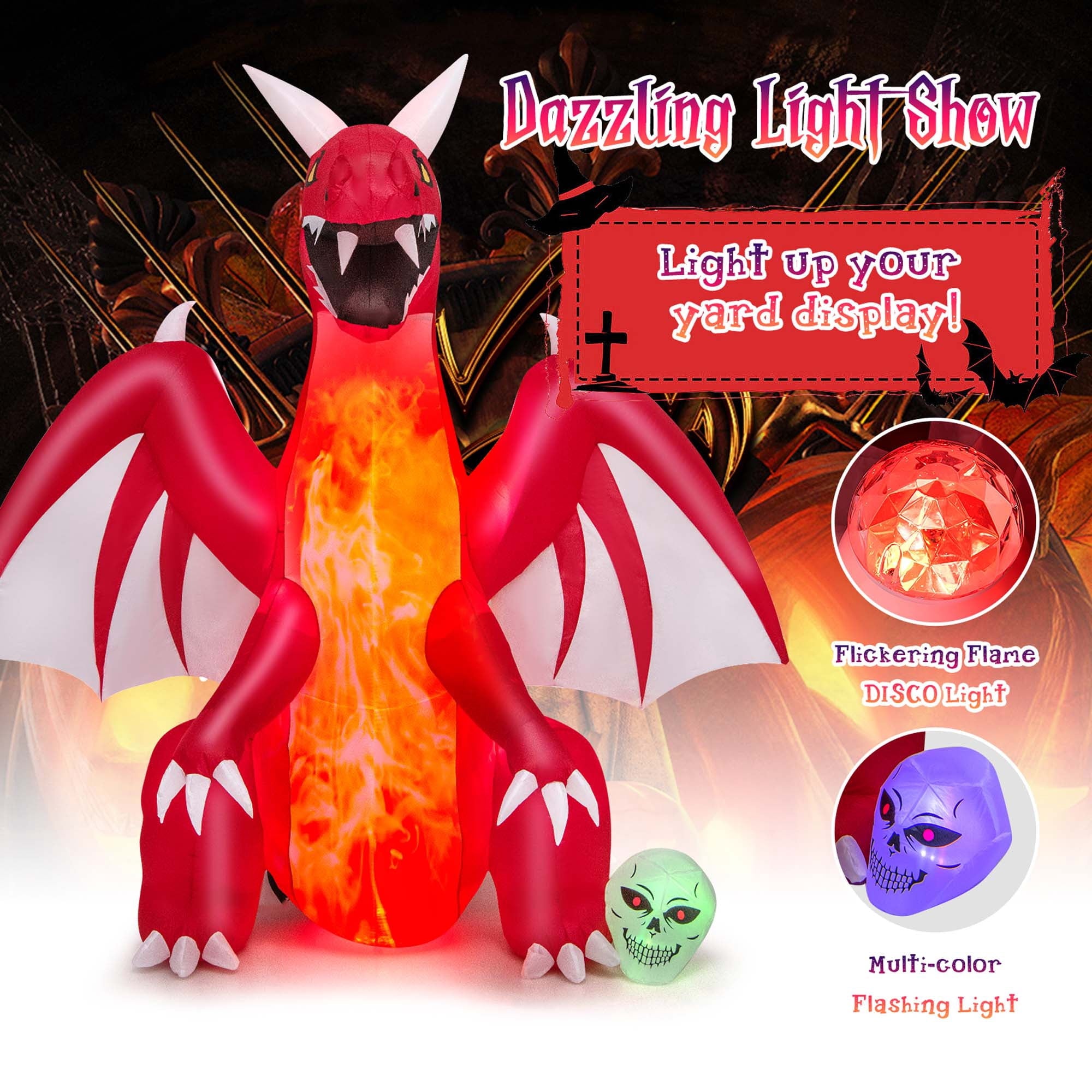Costway 8 FT Halloween Inflatable Red Dragon with Wings & Skull Holiday Decoration Light
