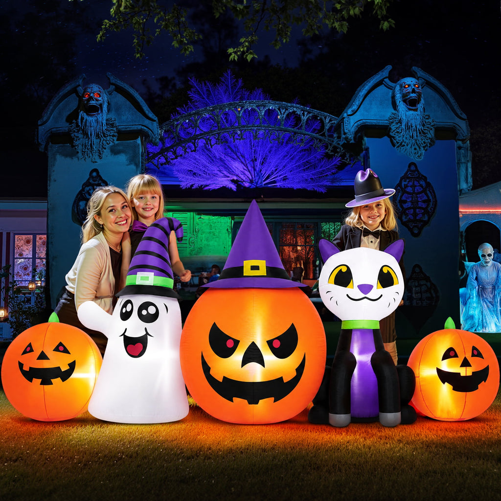 (2 pack) 8FT Halloween Inflatable Pumpkins Ghost Cat with Lights,Blow ups Outdoor Decorations for Yard