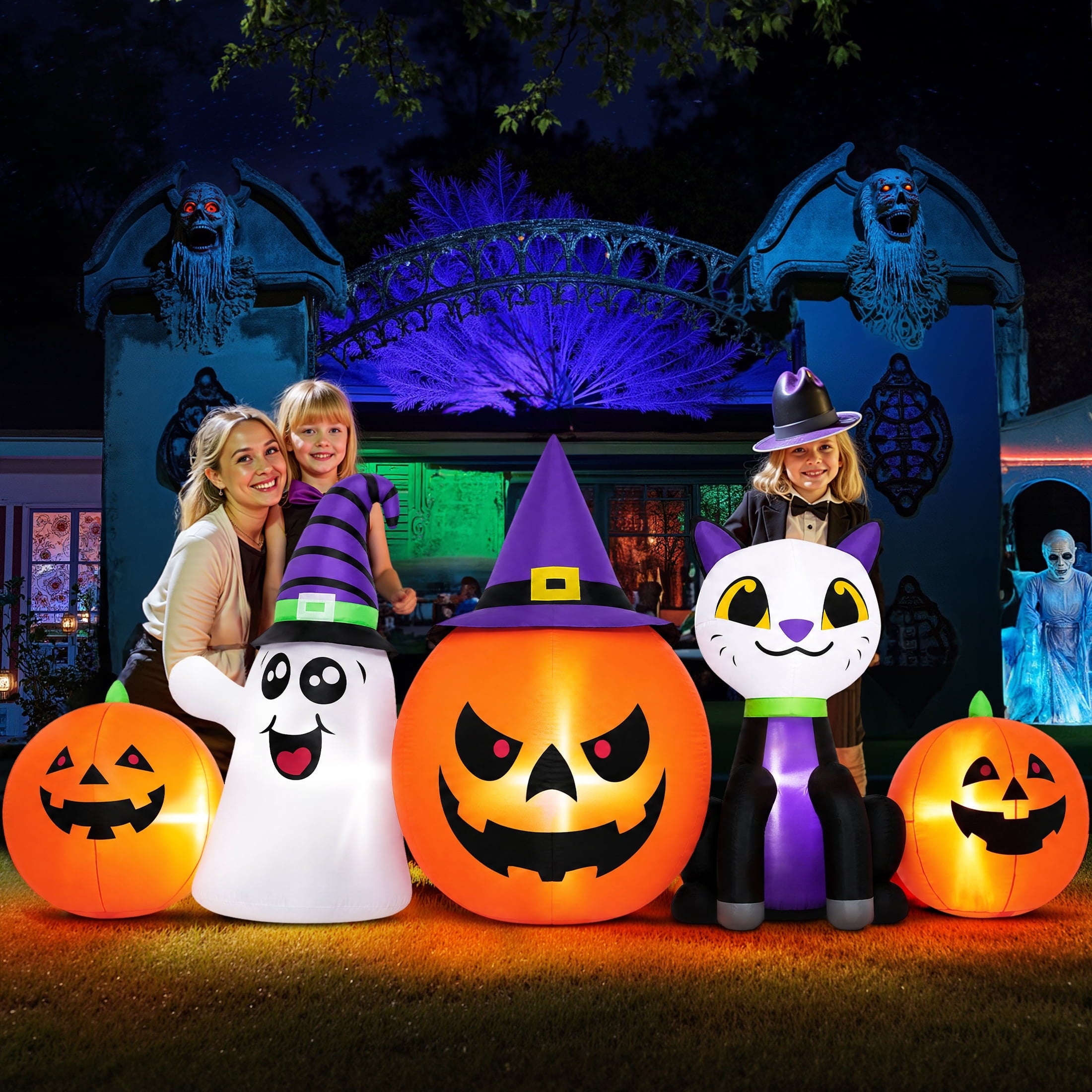 (2 pack) 8FT Halloween Inflatable Pumpkins Ghost Cat with Lights,Blow ups Outdoor Decorations for Yard