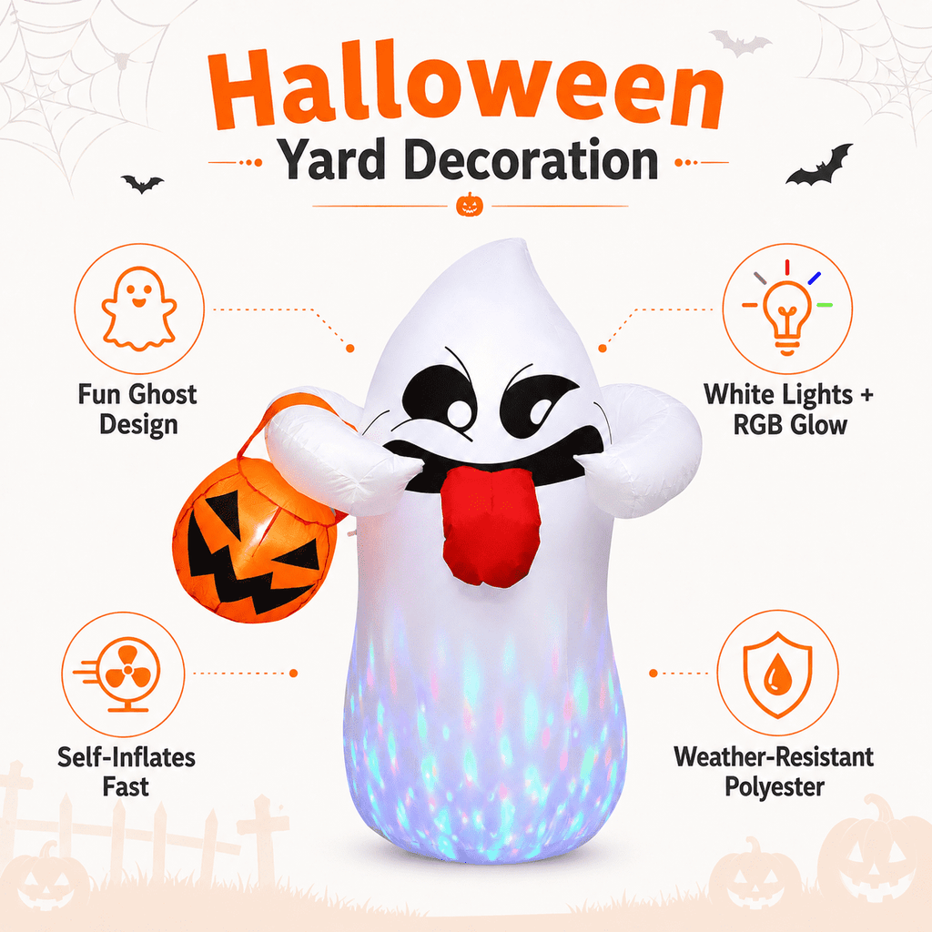 5FT Halloween Inflatable Ghost Holding Pumpkin Lantern, Light-Up Blow Up Outdoor Yard Decoration with RGB LED Lights