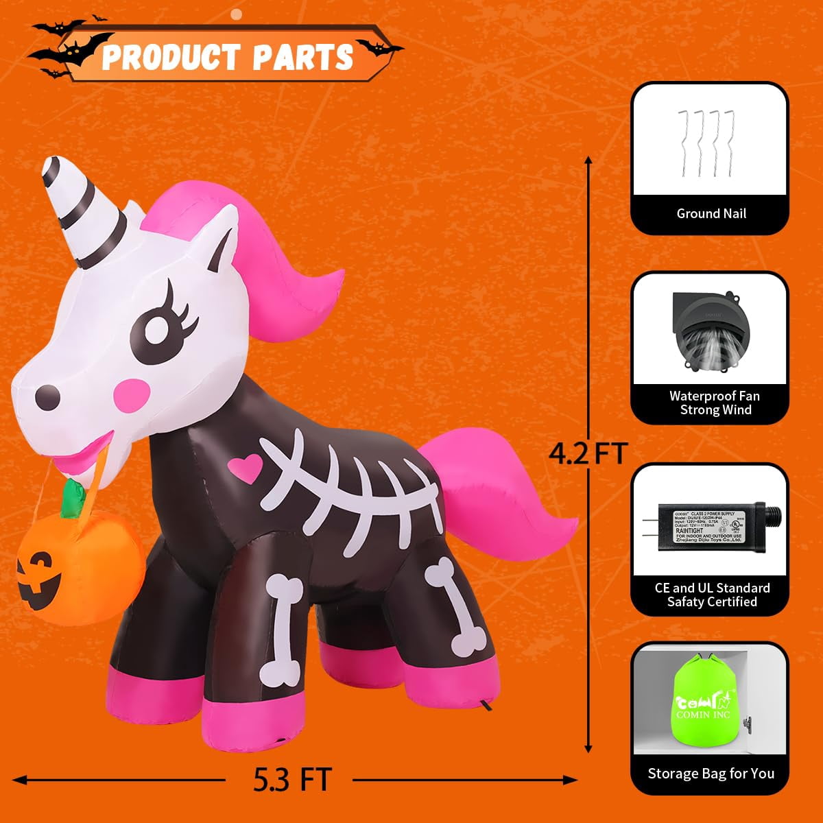 COMIN 5 FT Halloween Inflatables Skeleton Unicorn Outdoor Decorations Blow Up Yard Pink Cute with Built-in LEDs for Indoor Party Garden Lawn Decor