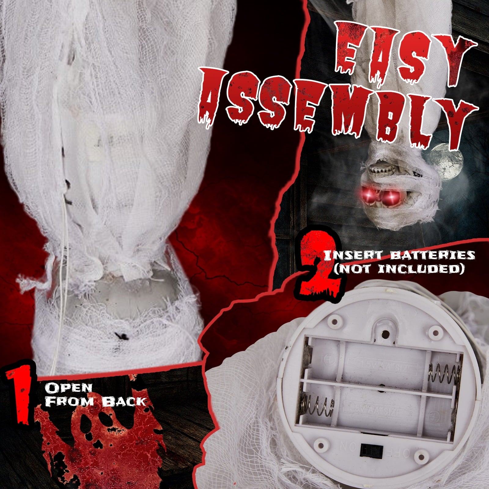 3ft Hanging Zombie Animated Halloween Decoration Creepy Mummy Halloween w/ Pre-Recorded Screaming, LED Eyes