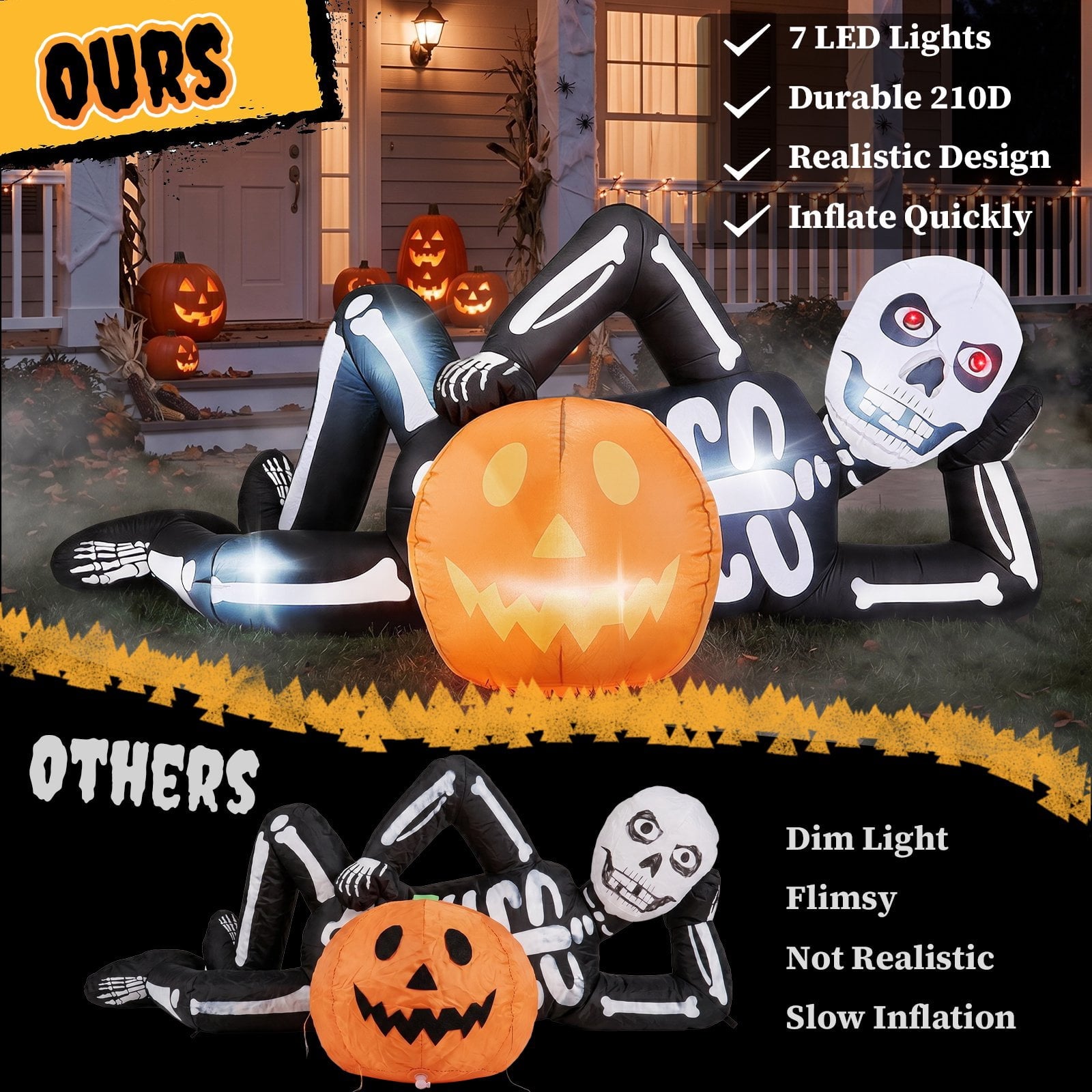 7' Halloween Inflatables Skeleton Outdoor Halloween Decoration Reclining Skeleton with Pumpkin,Built-In LED Lights