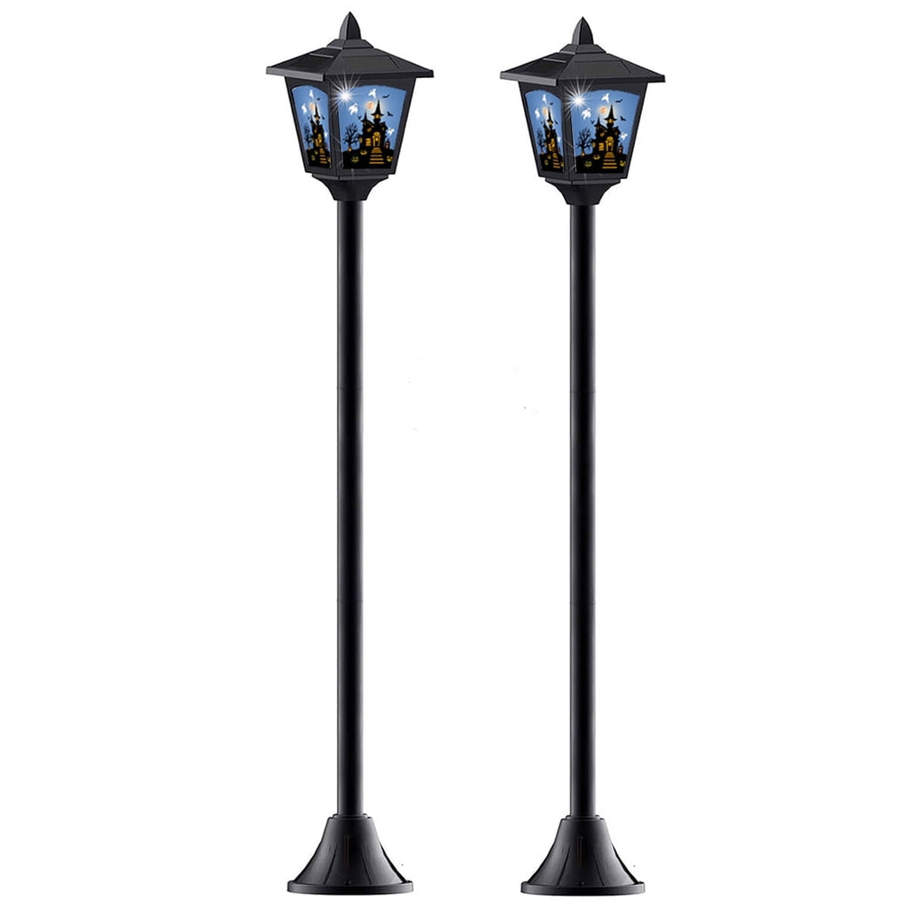 2-Pack Haunted House Solar Post Lights - Spooky Halloween Decoration with Eerie Glow, 40" Rust-Proof Stake, Auto On/Off for Outdoor Yard