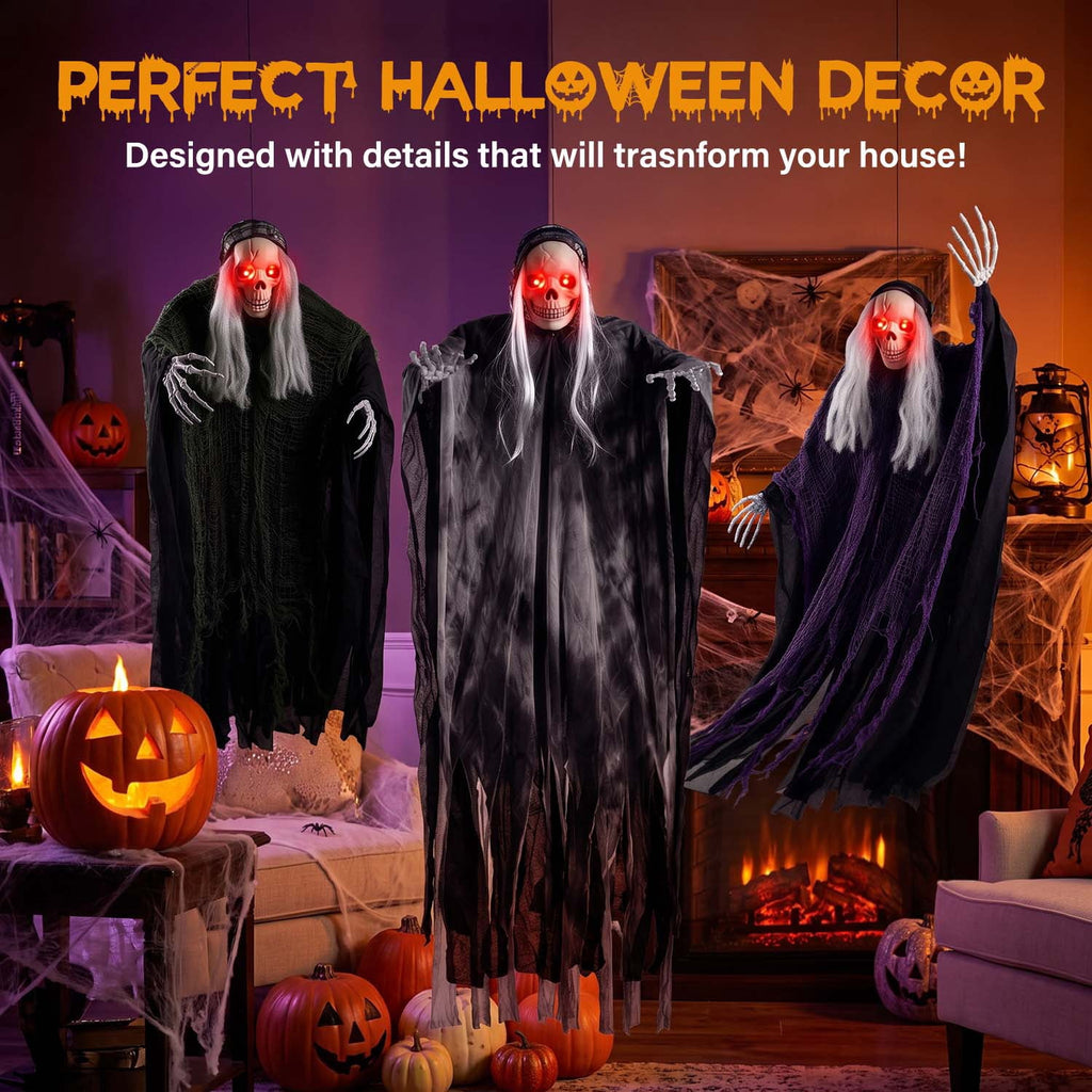 3 Pack Hanging Skeleton Ghosts for Halloween Decorations Outdoor, Grim Reaper for Halloween Decor