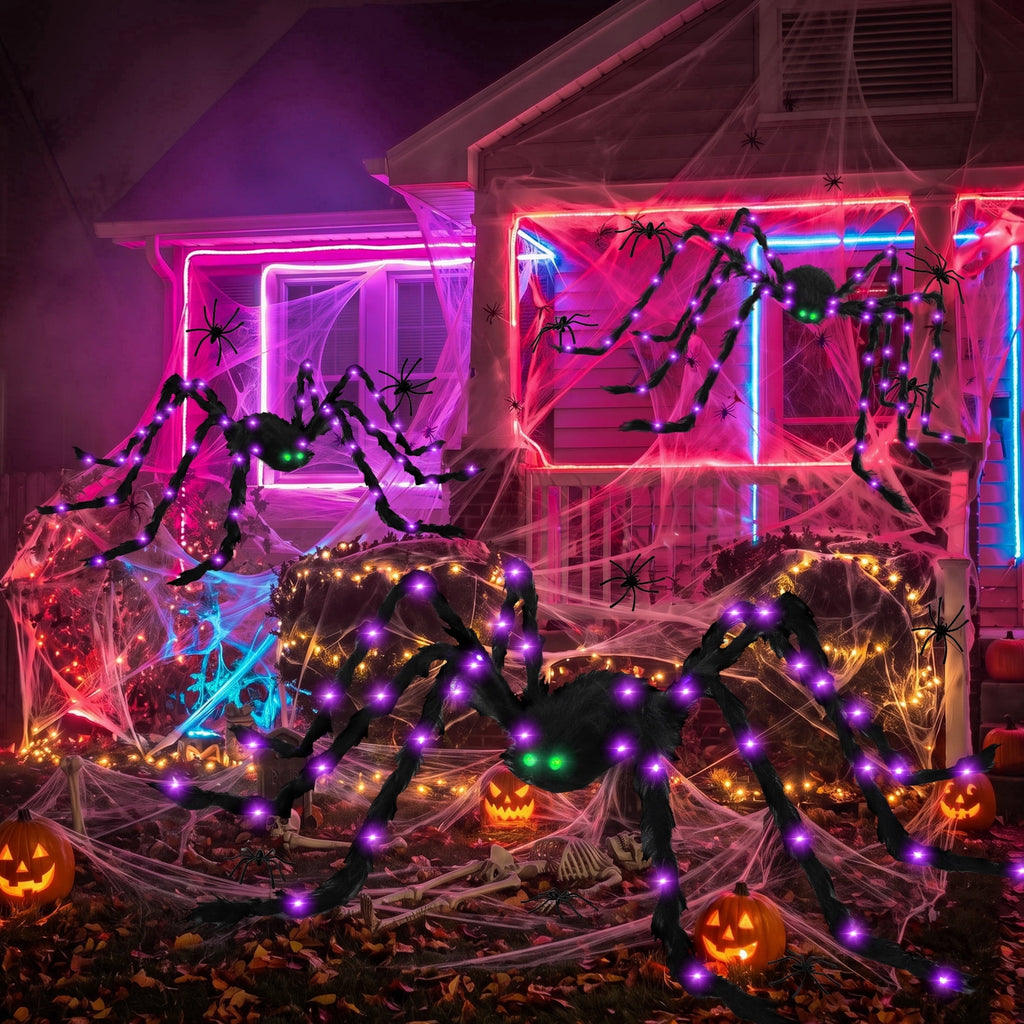 Halloween Spider Decorations Set, 5FT and 2 Pack 4FT Lighted Giant Spider Decorations for Halloween Party Indoor Outdoor Yard Home Decor