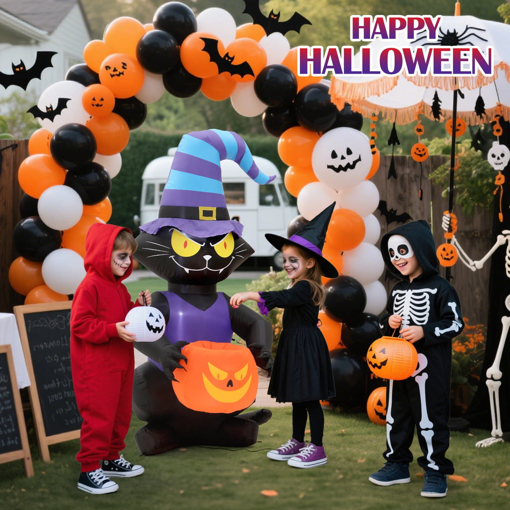 Toiyjofe 6ft Halloween Inflatable Black Cat with Jack-o'-Lantern & LED Lights, Trick-or-Treat Yard Decoration with Witch Hat for Outdoor Lawn & Porch