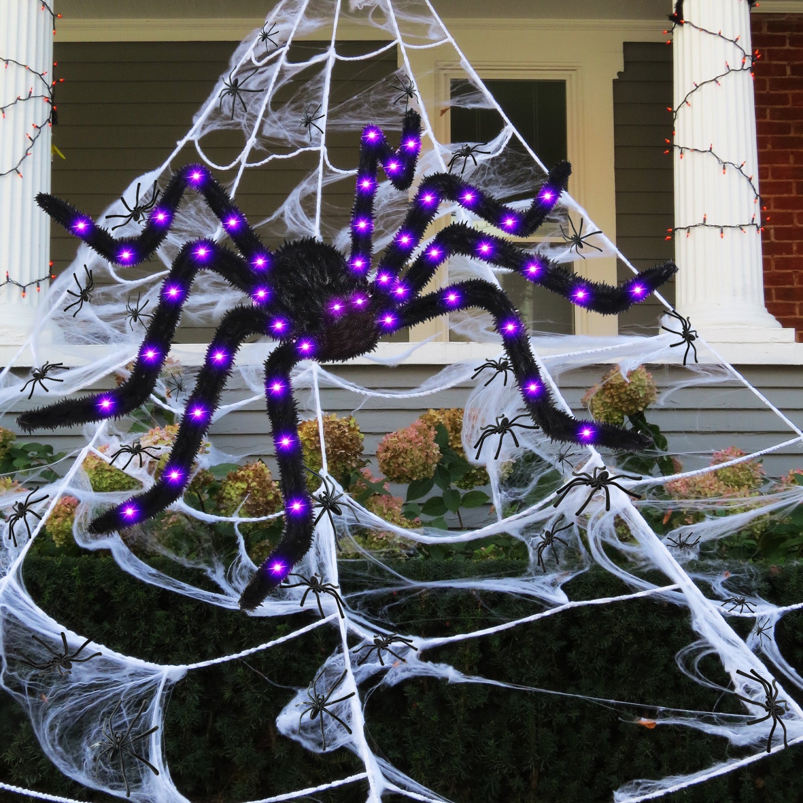 Spider Webs Halloween Decorations Outdoor, 50" Light Up Giant Spider + 276" Triangular Spider Webs, Yard Outdoor Halloween Decor