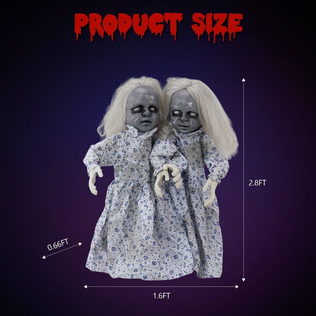 2.8ft Halloween Scary Yard Decorations, Twin Girls Halloween Standing Decoration, Animated Haunted House Halloween Party Prop Decoration, with Creepy Sounds, for Front Porch, Patio, Yard, Lawn, Garden