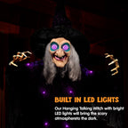 6ft Halloween Witch Decoration,Outdoor Scary Halloween Animatronic Hanging Witch with Light Up Eyes and Sound Decoration for Halloween Outdoor