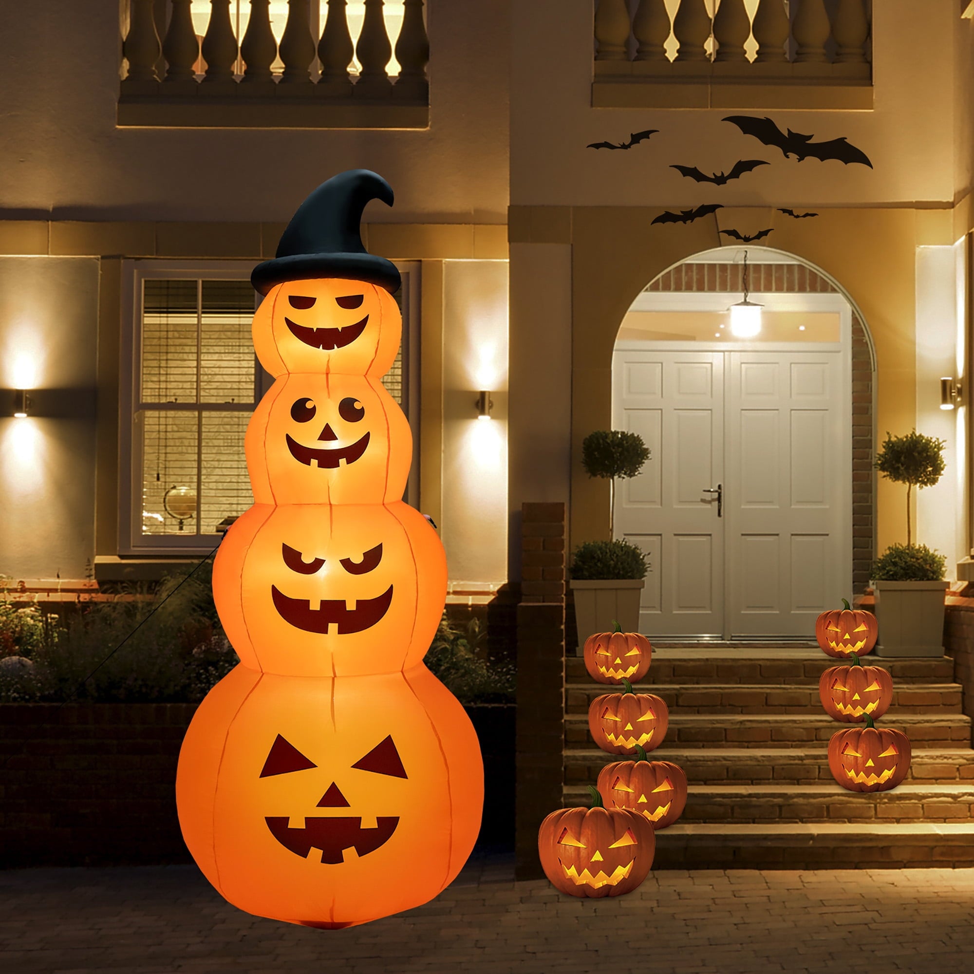 Gymax 8 ft Inflatable Halloween Pumpkins Stack Holiday Decor w/ Built-in LED Lights