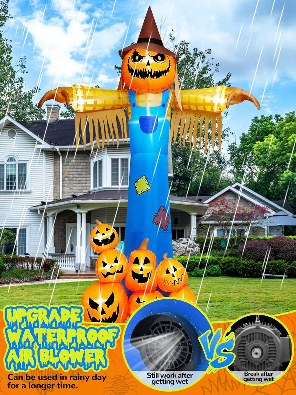 12.5 FT Halloween Inflatables with Music, Giant Pumpkin Scarecrow Inflatable with LED Light Blow Up Yard Decor with Scary Sound for Outdoor Garden Lawn Holiday Party Supplies