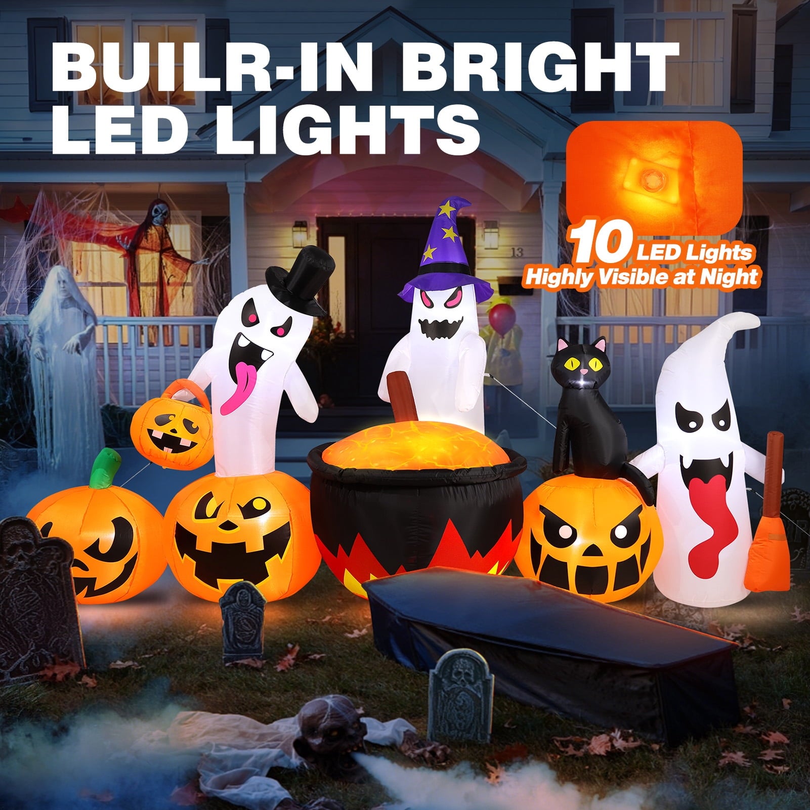 8.5FT Halloween Inflatables Pumpkin Ghost Family with Built-in LED Lights, Halloween Blow up Yard Decorations