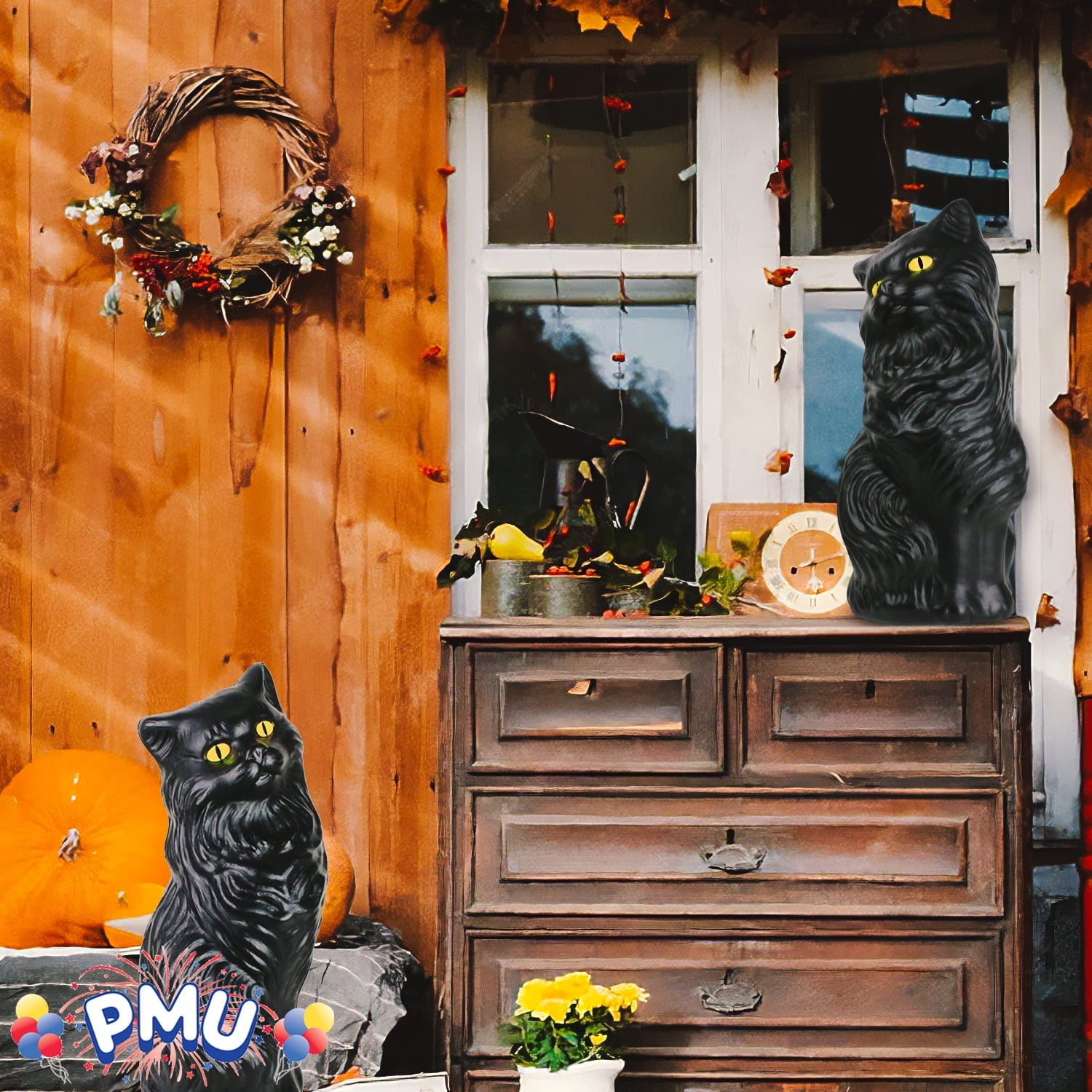 PMU Halloween Black Cat - Blow Mold Plastic Cat Statue - Perfect Décor for Halloween, Home, Yard, Lawn, Garden, Indoor and Outdoor - Best for Party Favors and Supplies - (Yellow Eyes) 17 Inch Pkg/1