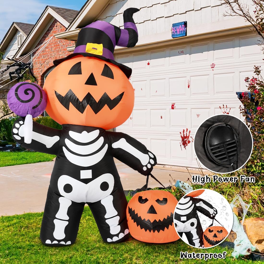 Halloween Inflatables 6 FT Halloween Pumpkin Inflatable with Skull Body, Scary Blow Up Halloween Pumpkin Decoration with LED Lights, Outdoor Halloween Decorations Clearance for Holiday Party