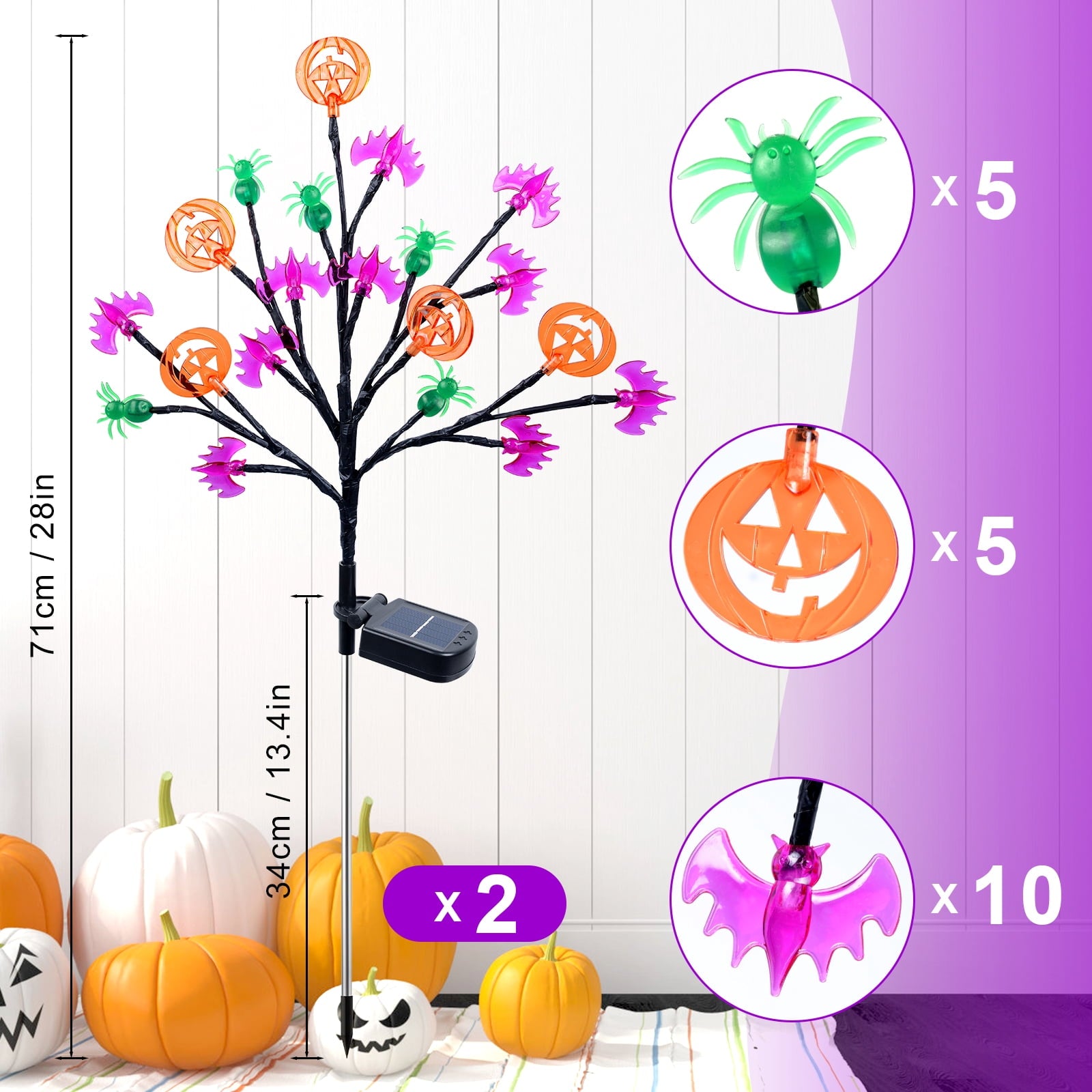 2 packs 40 LED Solar Halloween Lights, 2 Modes Halloween Bats Spiders Pumpkin Lights for Outdoor Decorations, Waterproof Stakes for Garden Yard Pathway Walkway