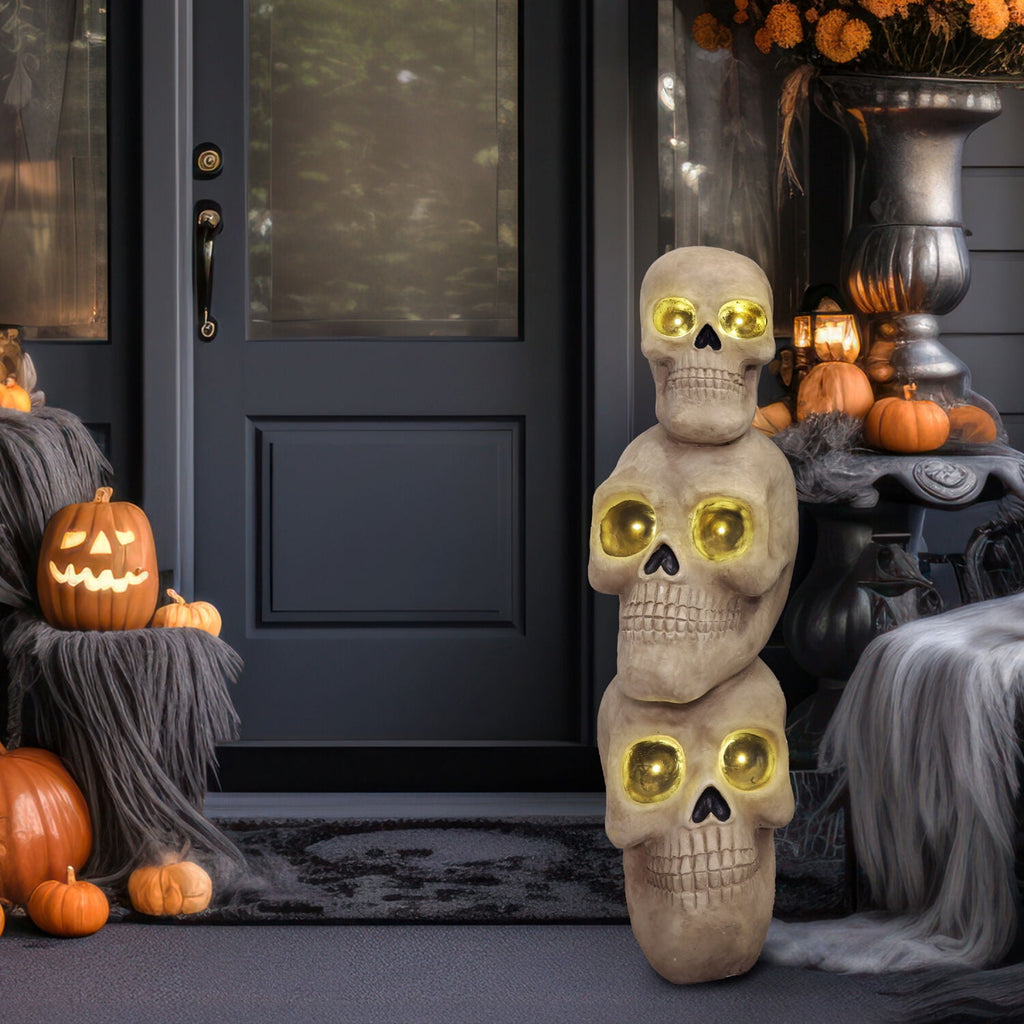 37" Skull Stack Statue with LED Eyes, Halloween Decor, HHMG036-1SKL-NAT
