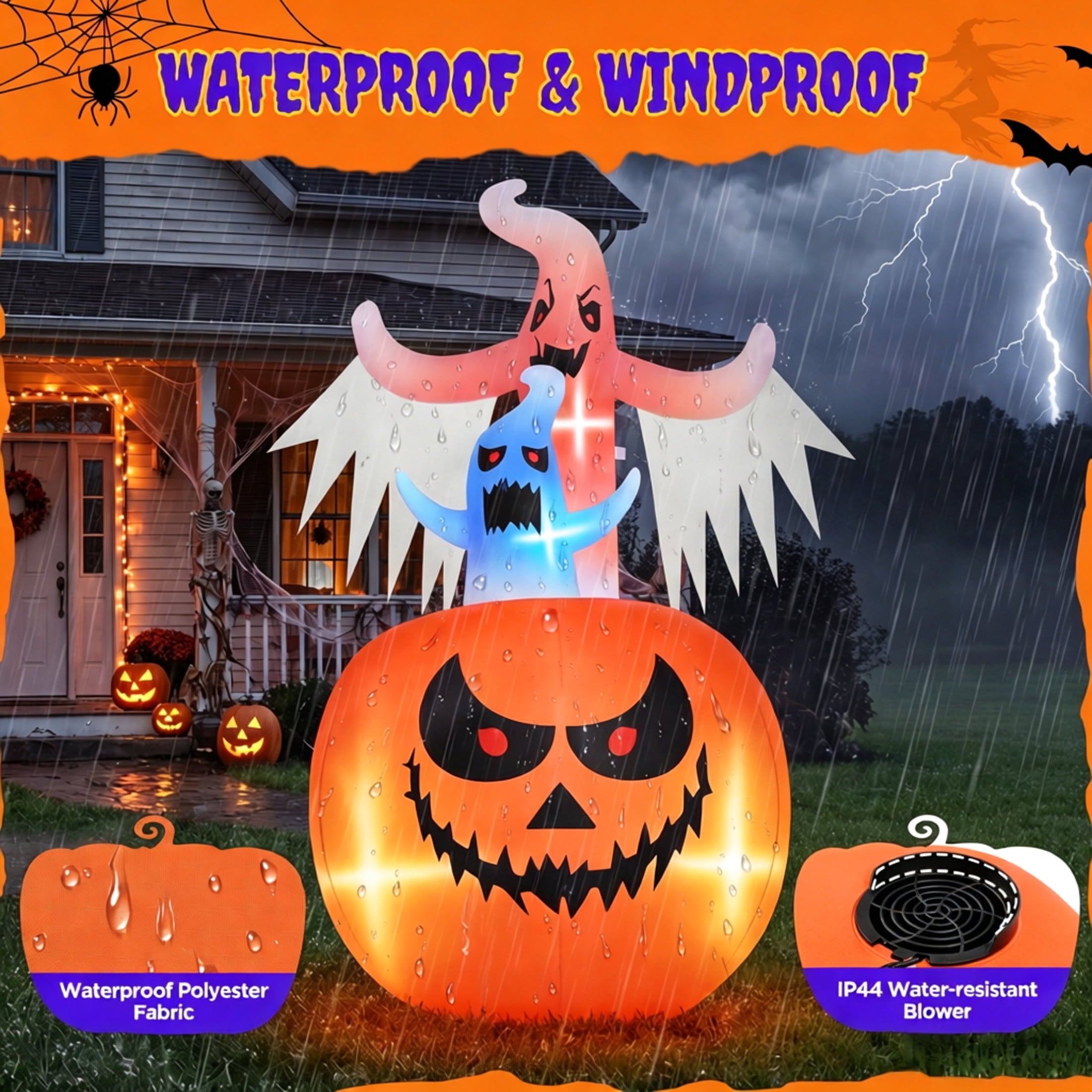 6ft Tall Halloween Inflatable,Ghosts Pumpkin with Colorful Flashing Lights,Blow ups Halloween Outdoor Decorations