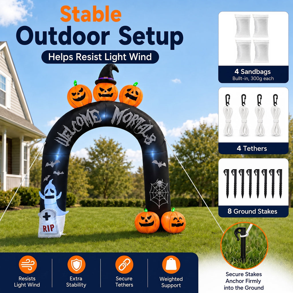 10FT Halloween Inflatable Arch for Outdoor Decor, LED Lighted Scary Archway with Ghost & Pumpkin, Blow Up Yard Decoration for Haunted Party Graveyard