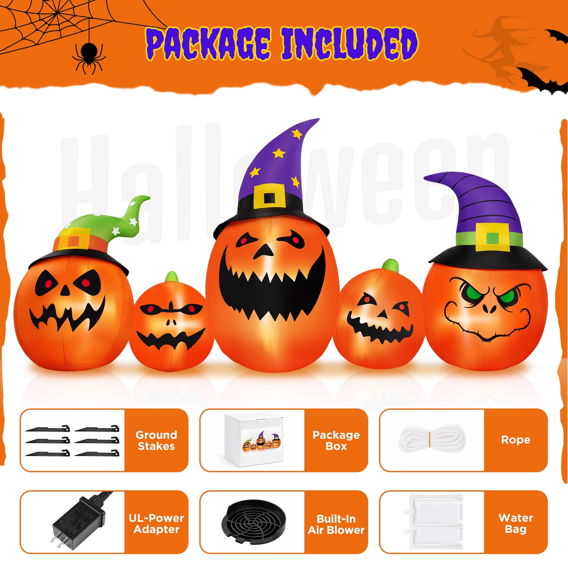 8FT Halloween Inflatable Pumpkins Blow ups Outdoor Decorations, Five Pumpkins with LED Lights for Party Yard