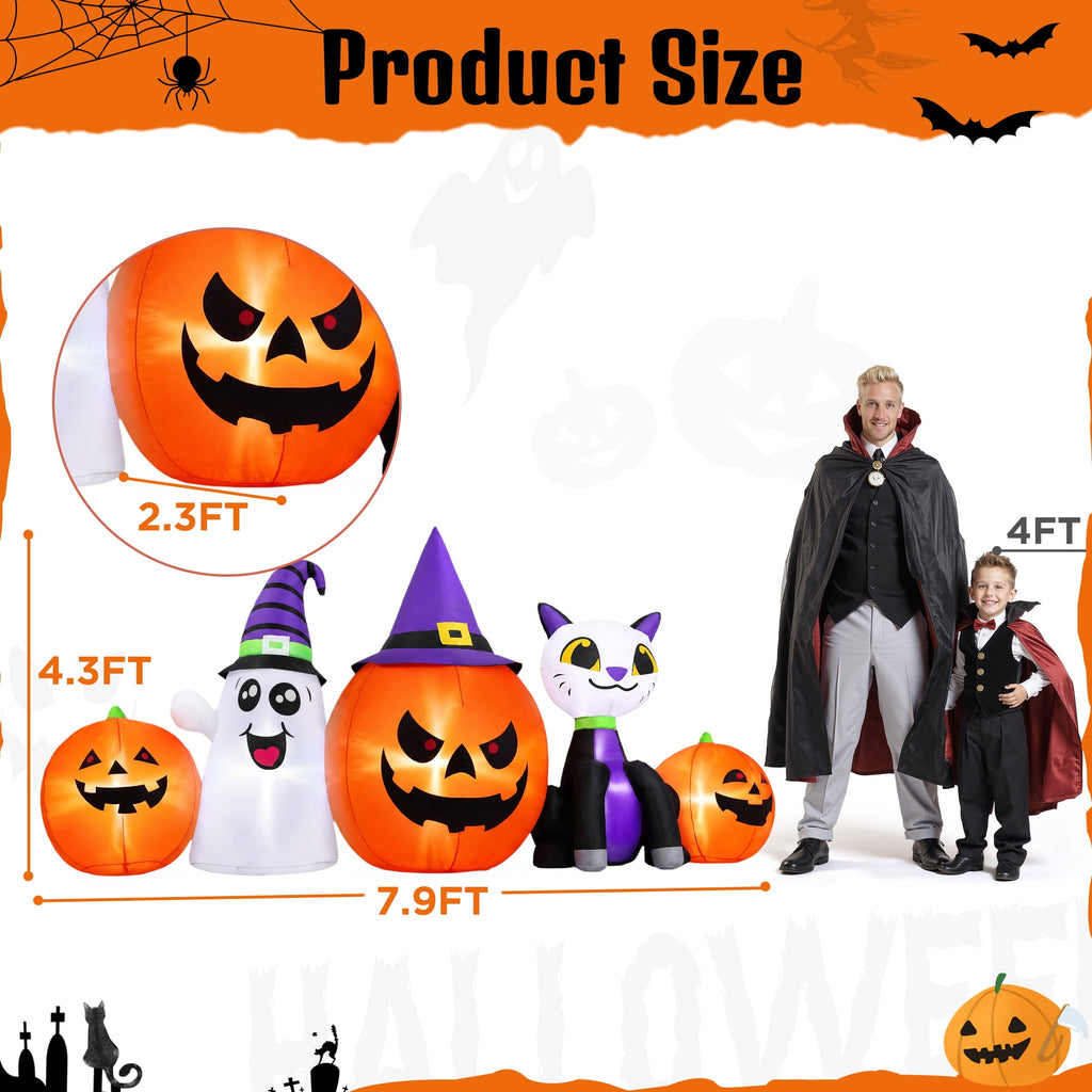 8FT Halloween Inflatable Pumpkins Ghost Cat with Lights,Blow ups Outdoor Decorations for Yard