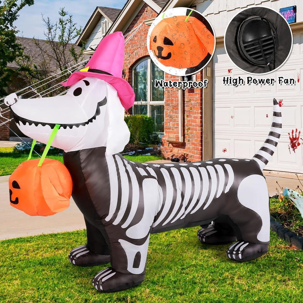 Halloween Inflatables 5.7 FT Halloween Skeleton Dog Inflatable, Halloween Skeleton Puppy Inflatable with Build-in LEDs, Outdoor Halloween Decorations Clearance for Halloween Holiday Party