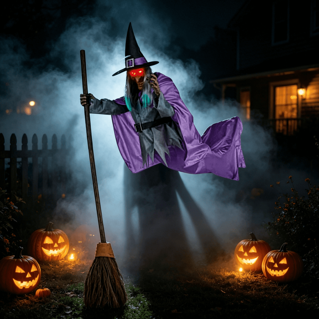 Witch Decorations Halloween 6 FT Scary Flying Witch Decorations Animatronics Halloween Props with Scary Sounds and Lights Decorations for Outside Indoor Garden Yard
