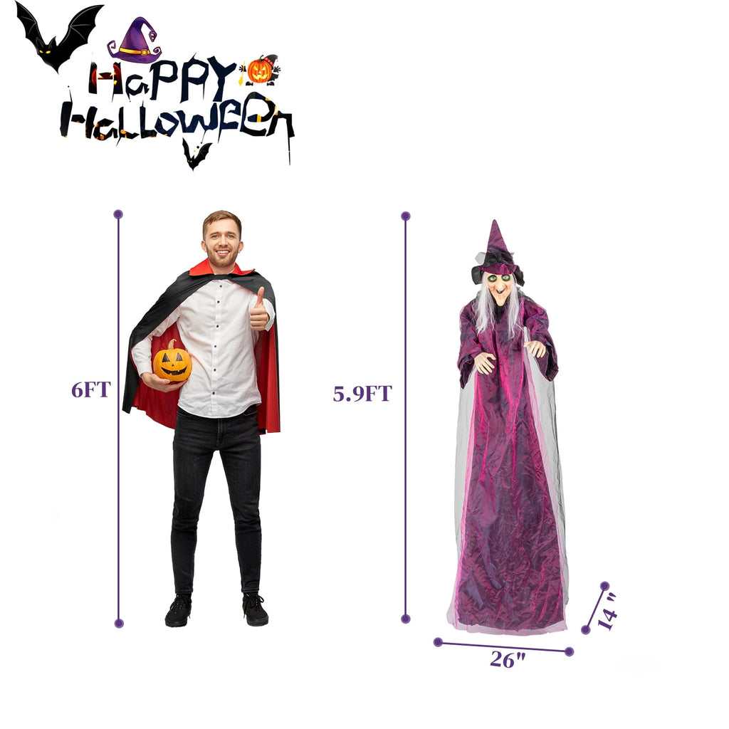 Halloween Witch Hanging Animated Screaming Witch w/ Pre-Recorded Sound, LED Eyes for Yard Outdoor Home Garden