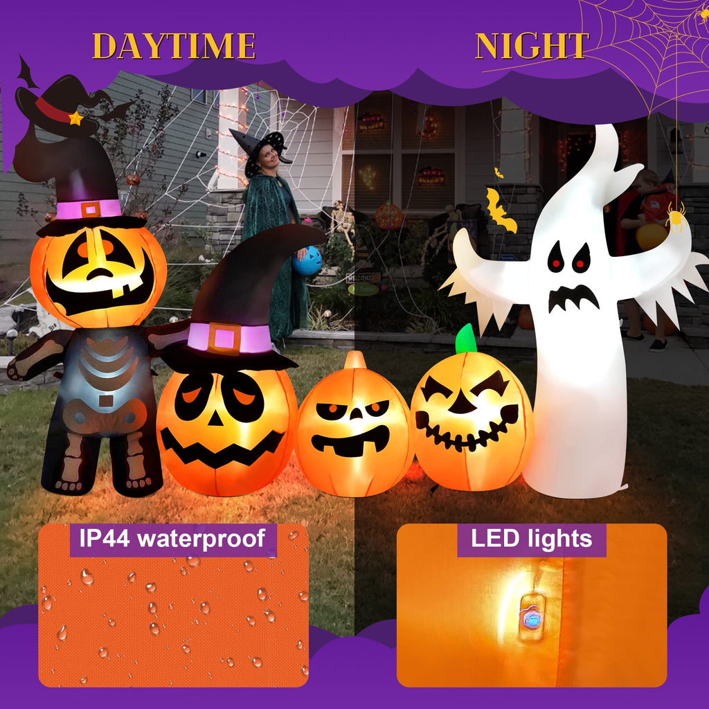 Vrilay Halloween Inflatables, 7 FT Long 4 Pumpkins with Cute White Ghost Outdoor Decorations, Built-in LEDs, Blow Up Party, Waterproof Yard, Garden, Lawn Decor
