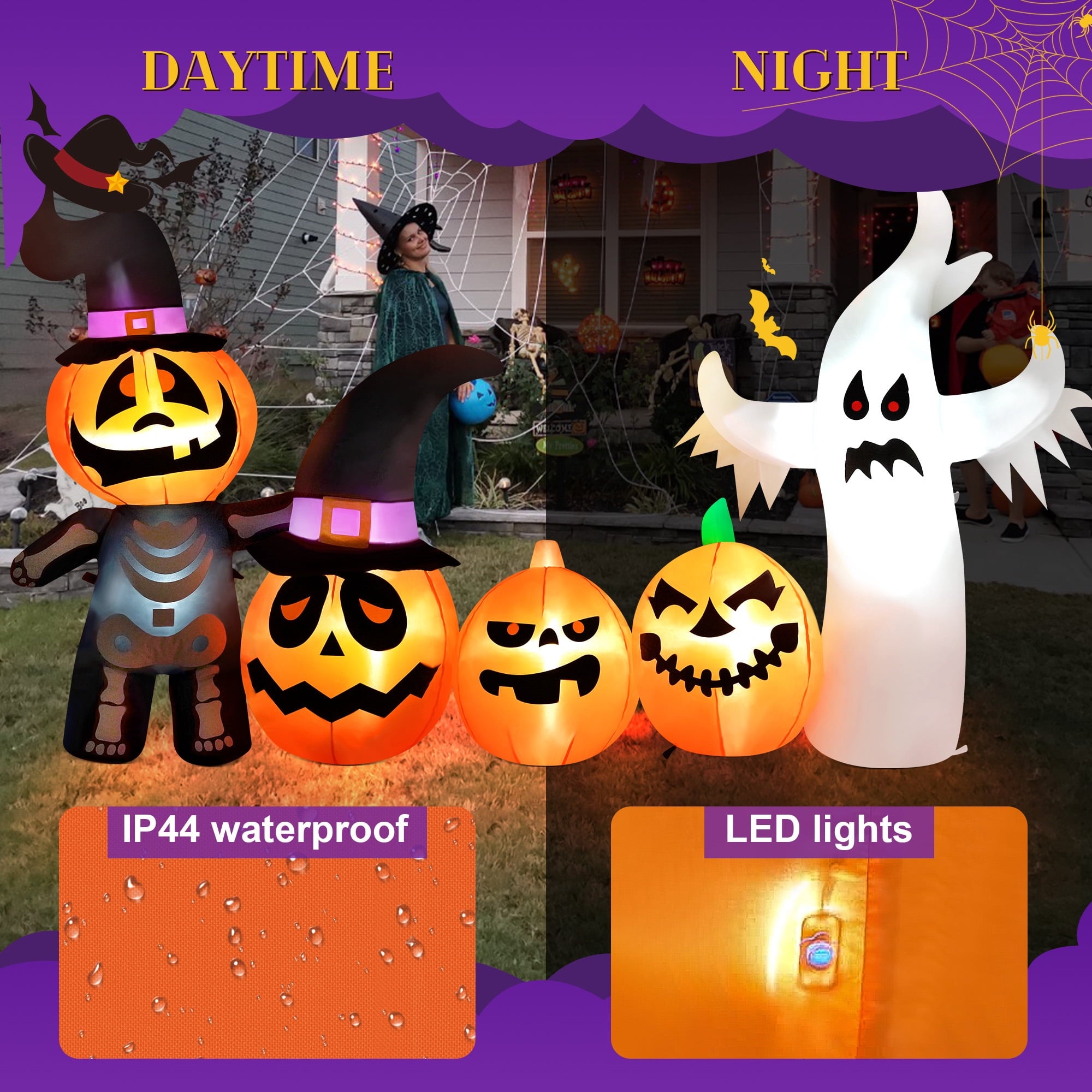Vrilay Halloween Inflatables, 7 FT Long 4 Pumpkins with Cute White Ghost Outdoor Decorations, Built-in LEDs, Blow Up Party, Waterproof Yard, Garden, Lawn Decor