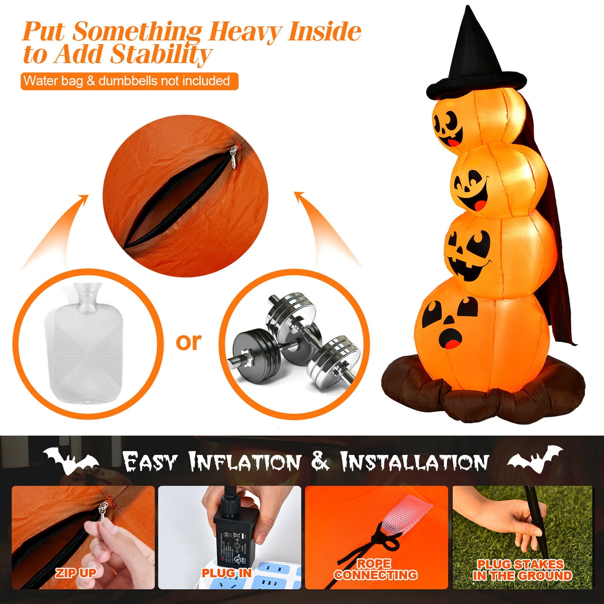 Gymax 7ft Inflatable Pumpkin Combo Halloween Decoration w/ Built-in LED Lights