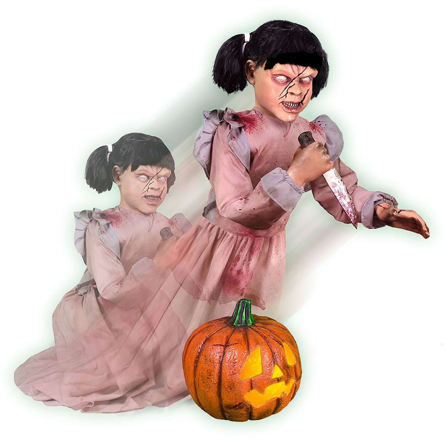 Lunging Pumpkin Carver Zombie Girl with Jack O'Lantern by Tekky, 3.2 ft Premium Talking Halloween Animatronic, HHPMPCVR-FLSA