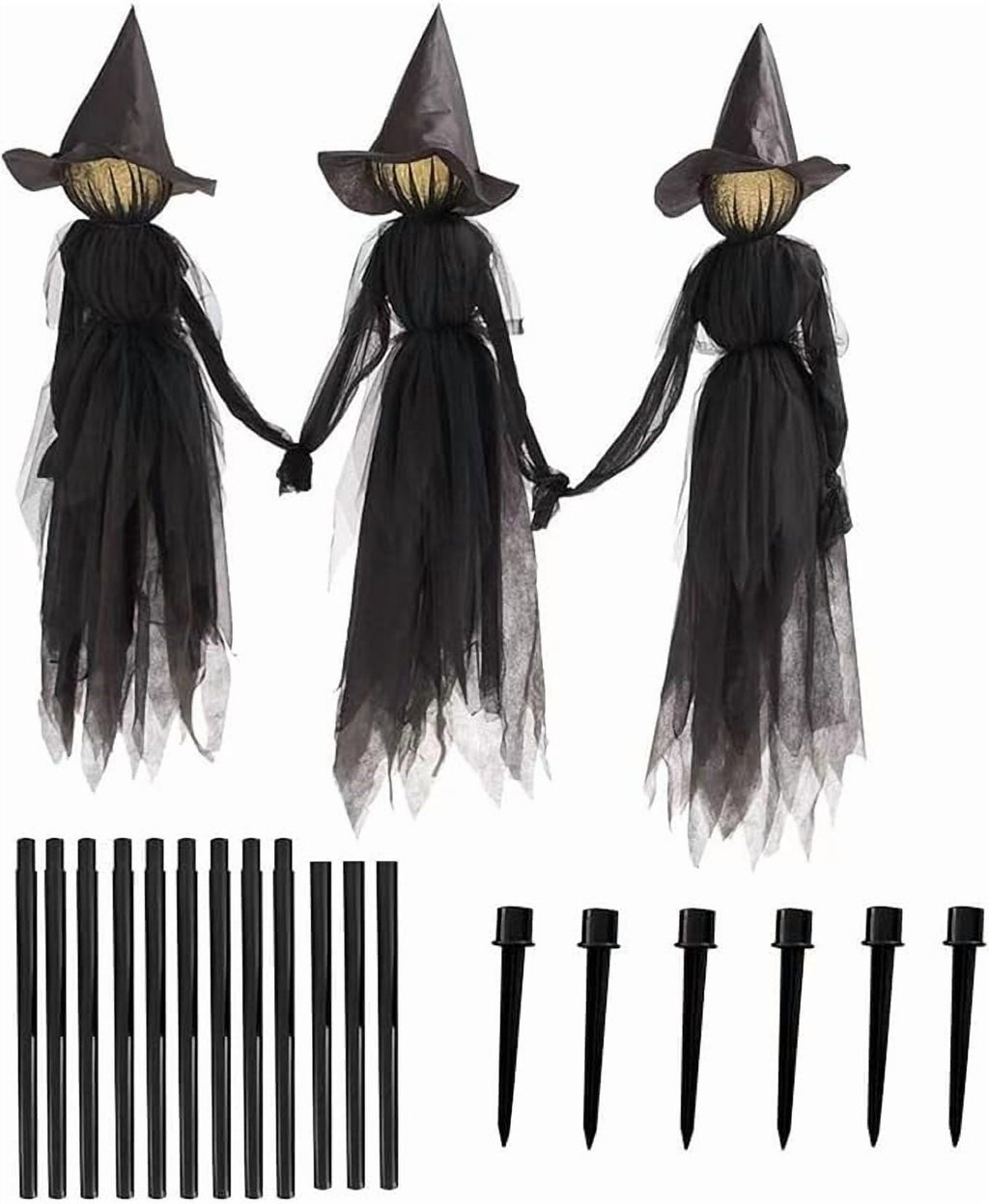 Halloween Witch Decorations Outdoor, 59" Light Up Witches Holding Hands Witches with Stakes, Voice Control Screaming Life Size Witches Waterproof for Yard Garden Lawn Decor, 3 count