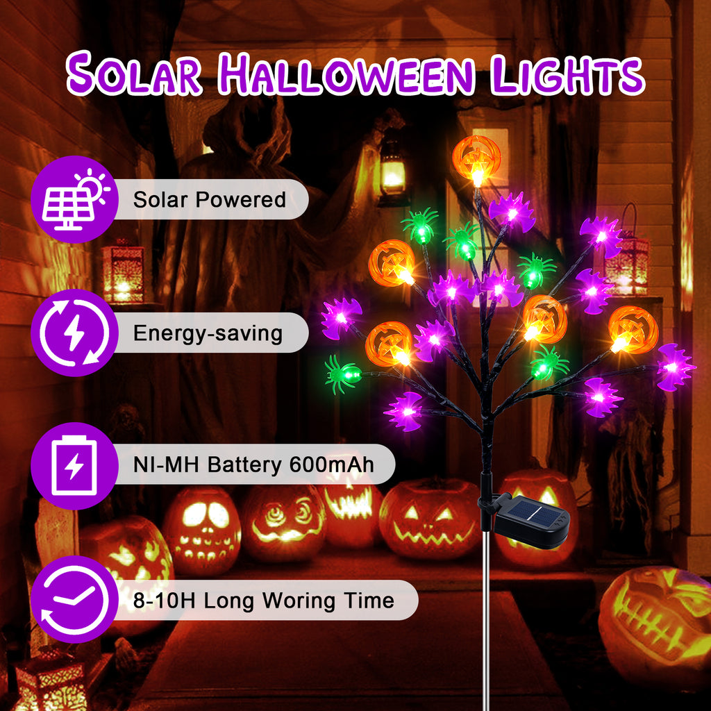 2 packs 40 LED Solar Halloween Lights, 2 Modes Halloween Bats Spiders Pumpkin Lights for Outdoor Decorations, Waterproof Stakes for Garden Yard Pathway Walkway