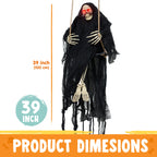 3 FT Halloween Hanging Swinging Skeleton,Light Up Creepy Grim Reaper with Black Hood Decorations for Halloween Hanging Decorations Indoor Outdoor Yard Home Decorations