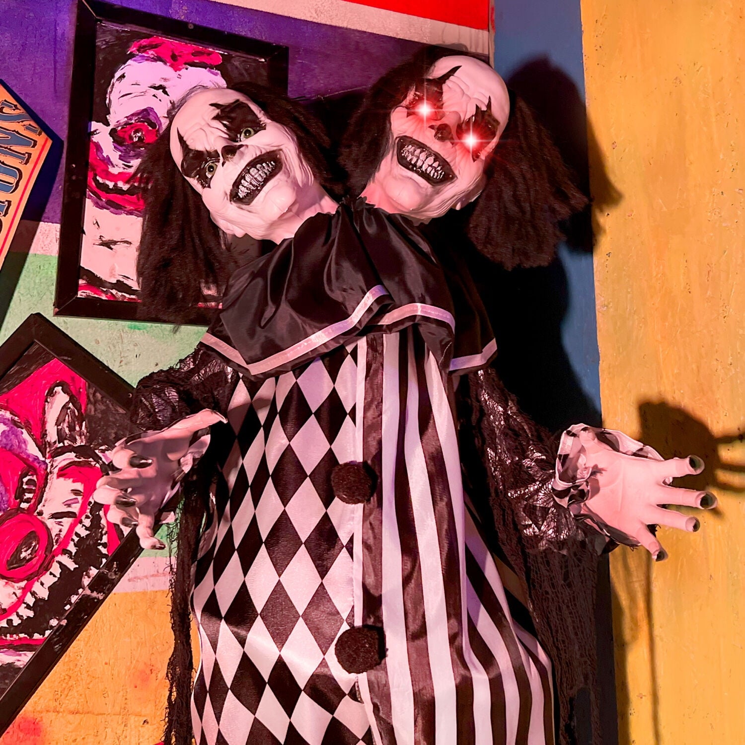 Lifesize 5.5 ft Animatronic Two-Headed Clown with Lights and Sound, Indoor/Outdoor Halloween Decoration, HHCLOWN-37FLSA