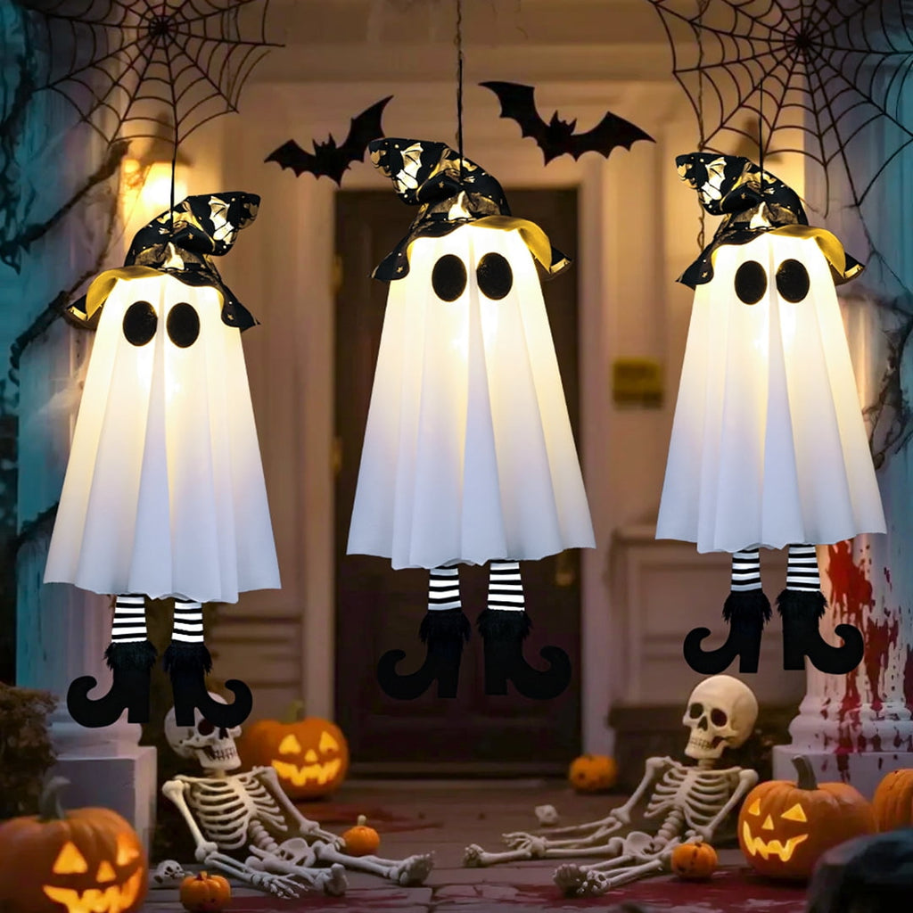 18In Set of 3 Halloween Hanging Ghosts,Halloween Decorations Outdoor Hanging Ghosts with Witch Hat,Glowing Ghost Witch Hat Lights Halloween Ghost Decor for Yard Patio Garden Tree Outside