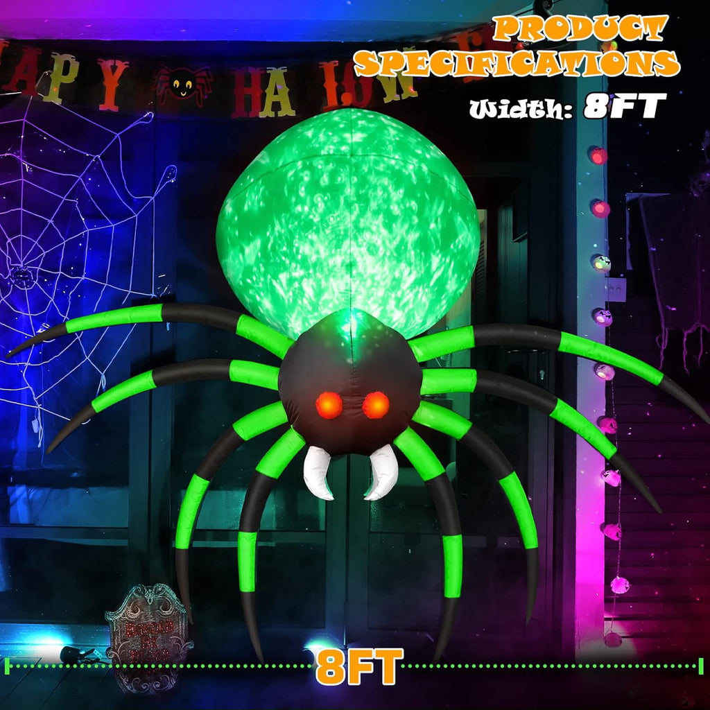 8FT Halloween Spider Inflatables Outdoor Decorations for Yard, Giant Green Spider with Blow up Rotating Fire Flame, Large Spooky Spider Props for Halloween Party Garden Lawn House Holiday Room Decor