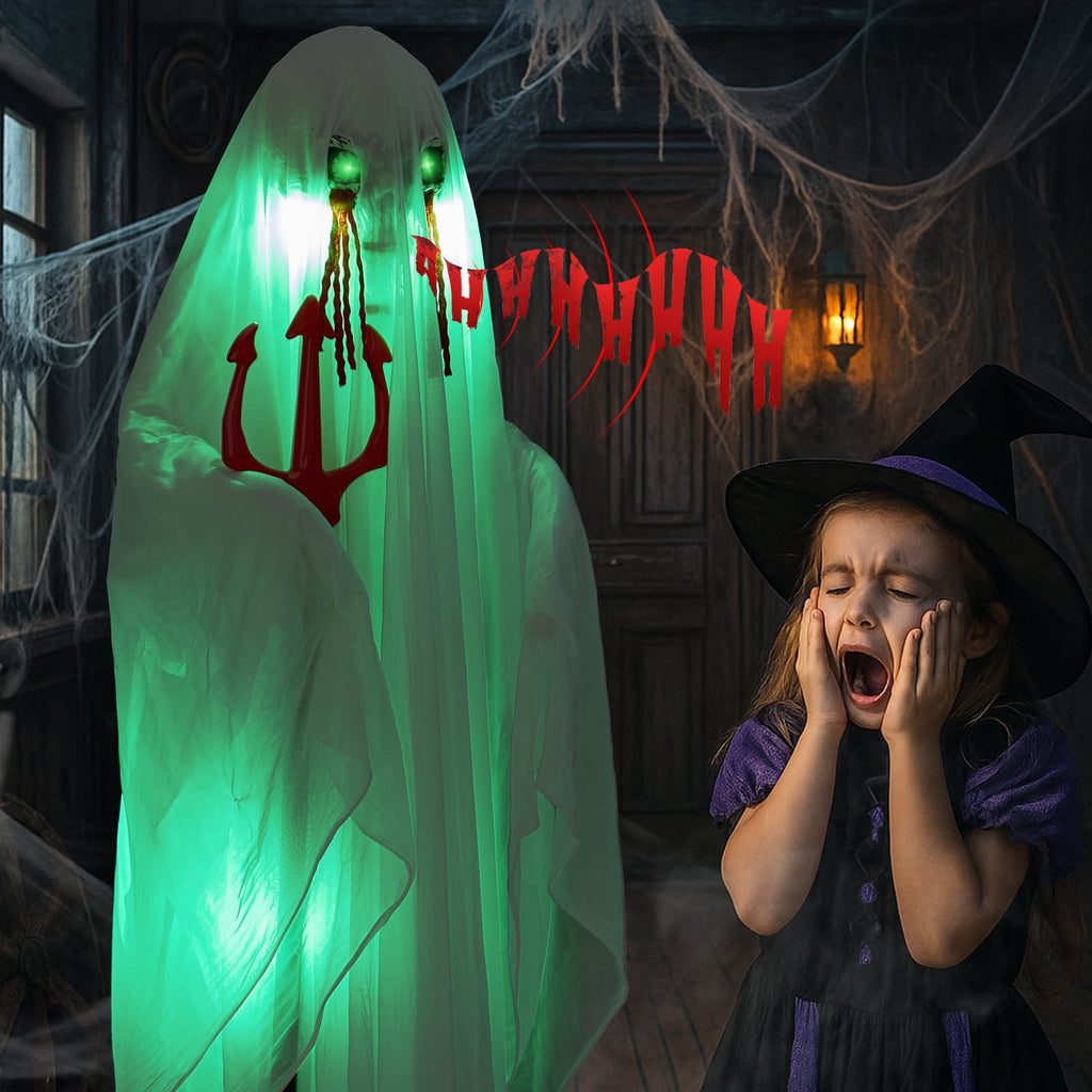 4.5ft Hanging Ghost Animated Halloween Decoration Creepy Halloween Skeleton w/ Pre-Recorded Screaming, LED Eyes