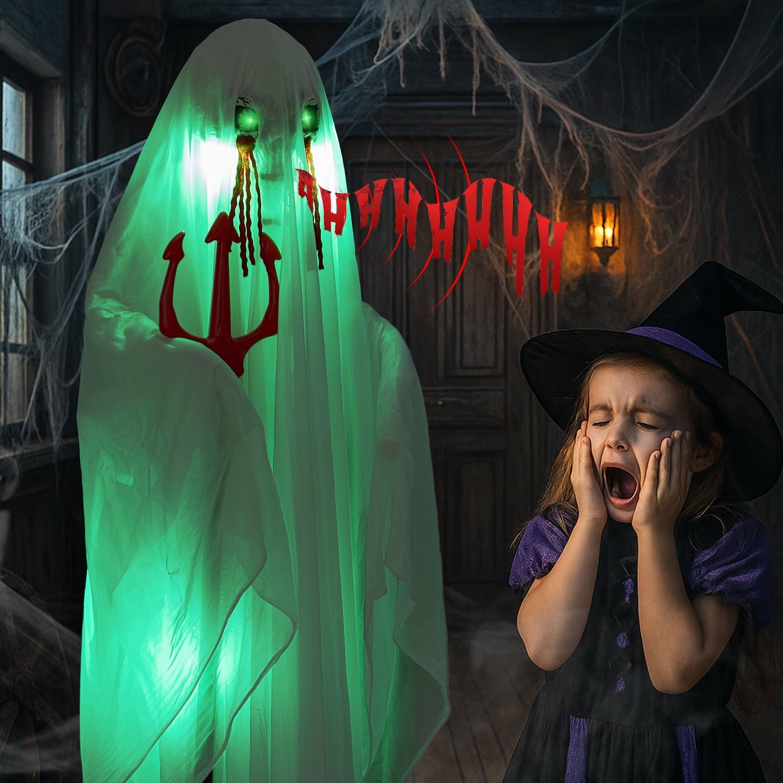 4.5ft Hanging Ghost Animated Halloween Decoration Creepy Halloween Skeleton w/ Pre-Recorded Screaming, LED Eyes