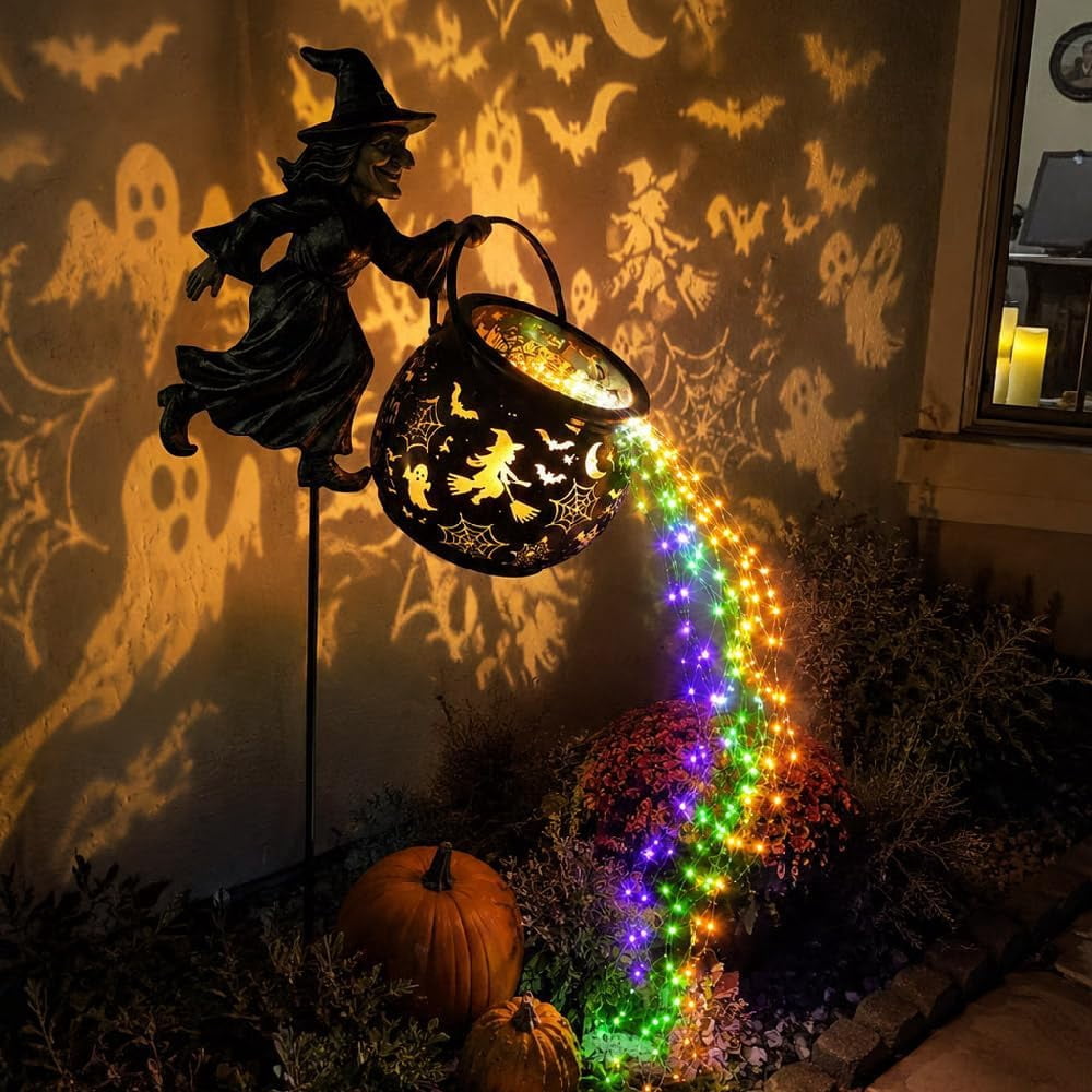 Halloween Witch Cauldron Garden Light, Waterfall-Style Enchanted Witch Cauldron Garden Decoration, Halloween LED Projector Lights Decorations Outdoor with Stake for Yard Lawn Porch Party