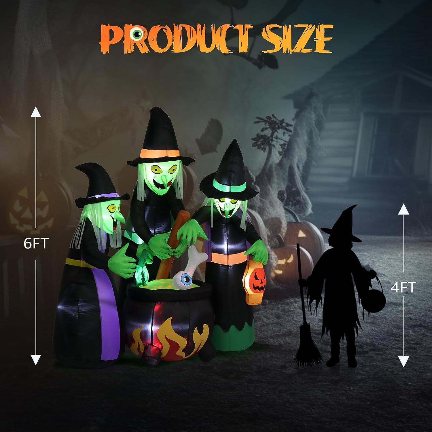VINGLI 6FT High Halloween Inflatables Outdoor Decorations, Blow Up Scary 3 Witches Halloween Yard Decorations, Built-in LED Lights Décor for Indoor Home Party Garden Lawn Store