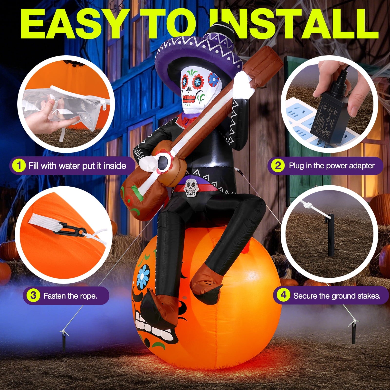 6FT Halloween Inflatable Outdoor Decoration, Day of the Dead Skull with Guitar, Blow Up Yard Decor