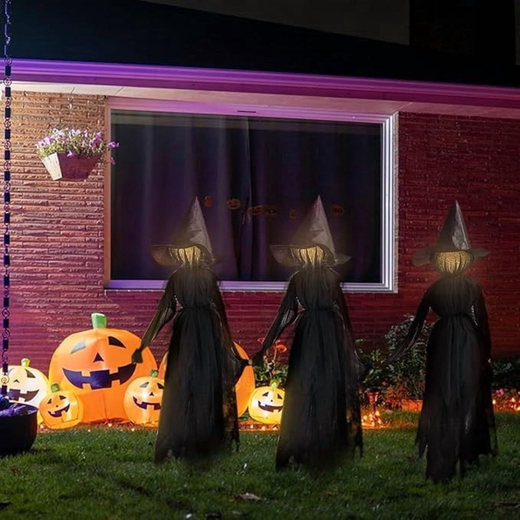 Halloween Witch Decorations Outdoor, 59" Light Up Witches Holding Hands Witches with Stakes, Voice Control Screaming Life Size Witches Waterproof for Yard Garden Lawn Decor, 3 count
