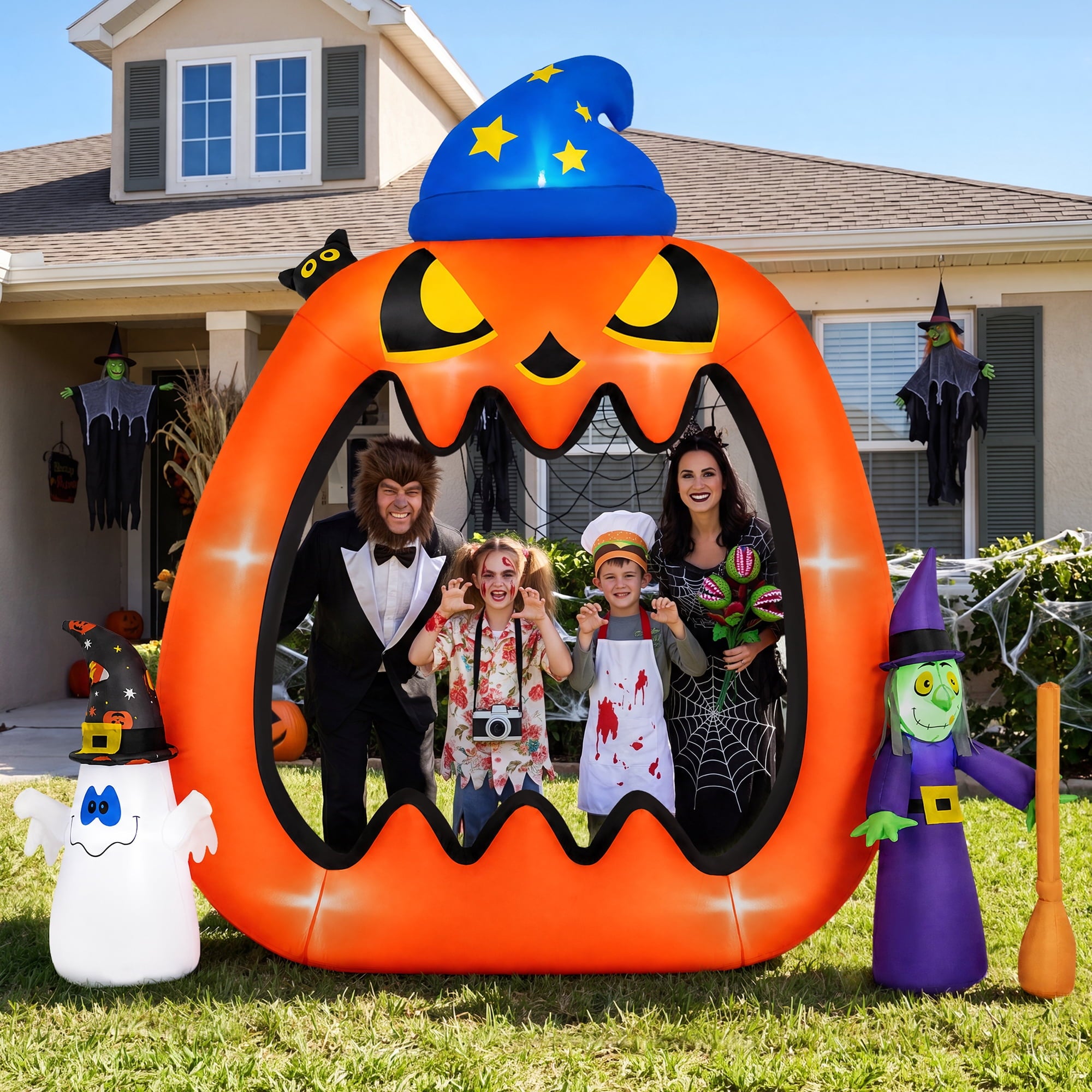 8.2ft Halloween Inflatable Pumpkins Photo Door with Ghost Witch Yard Party Outdoor Decorations with LED Lights