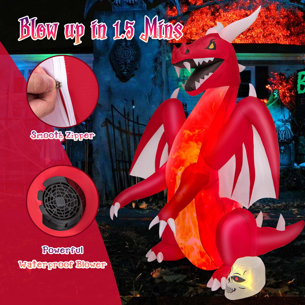 Costway 8 FT Halloween Inflatable Red Dragon with Wings & Skull Holiday Decoration Light