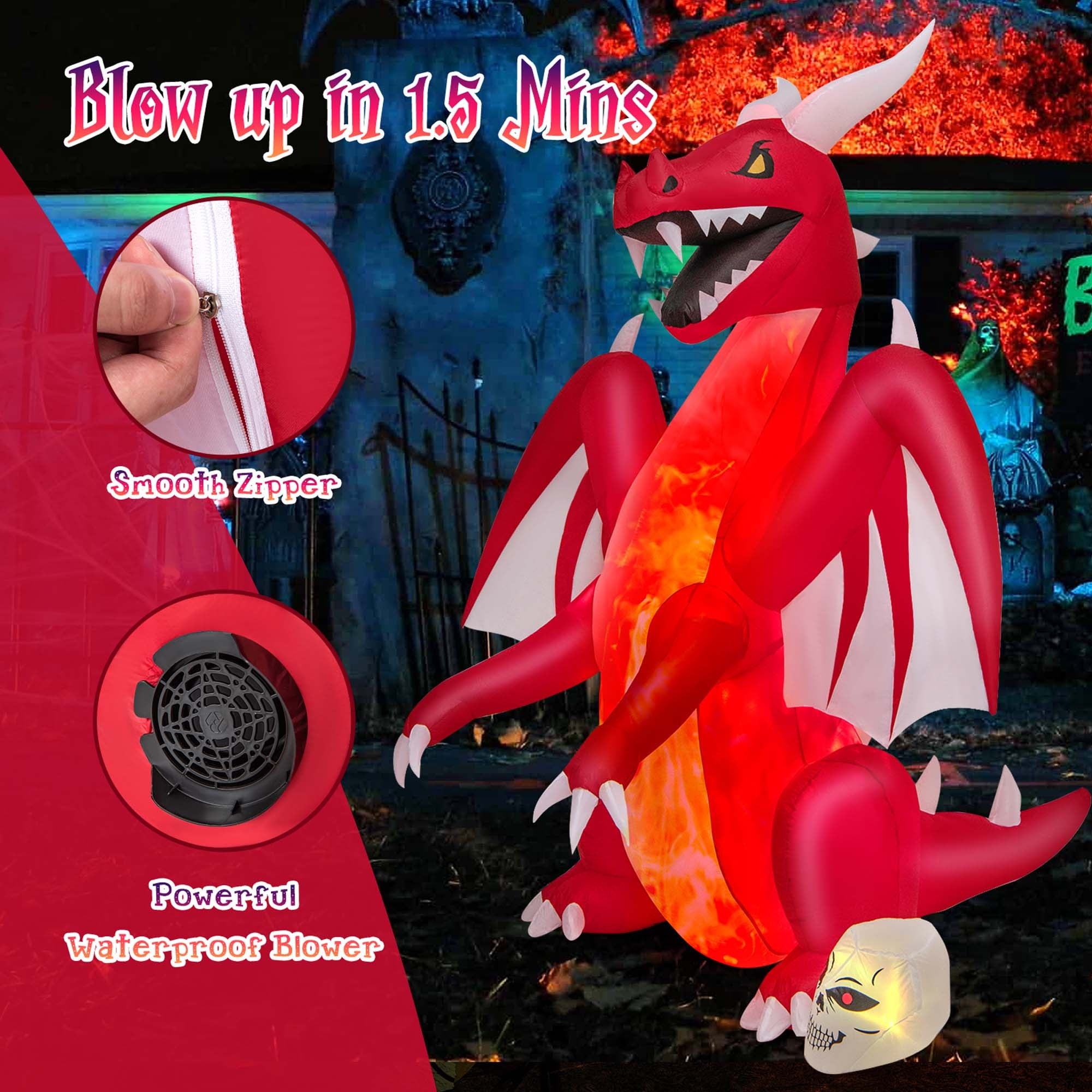 Costway 8 FT Halloween Inflatable Red Dragon with Wings & Skull Holiday Decoration Light