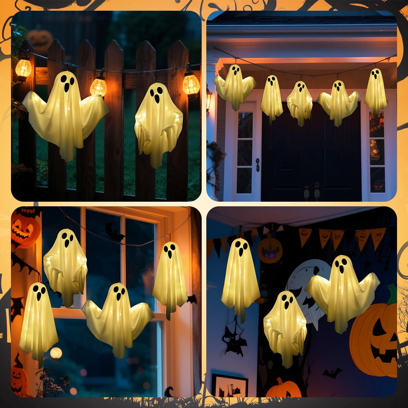 3 pack Hanging Ghosts Halloween Decor, 20 inch LED Glowing Ghost Halloween Decorations Outdoor Lights for Yard Porch Tree Garden Patio Bedroom Wall Party, Warm White