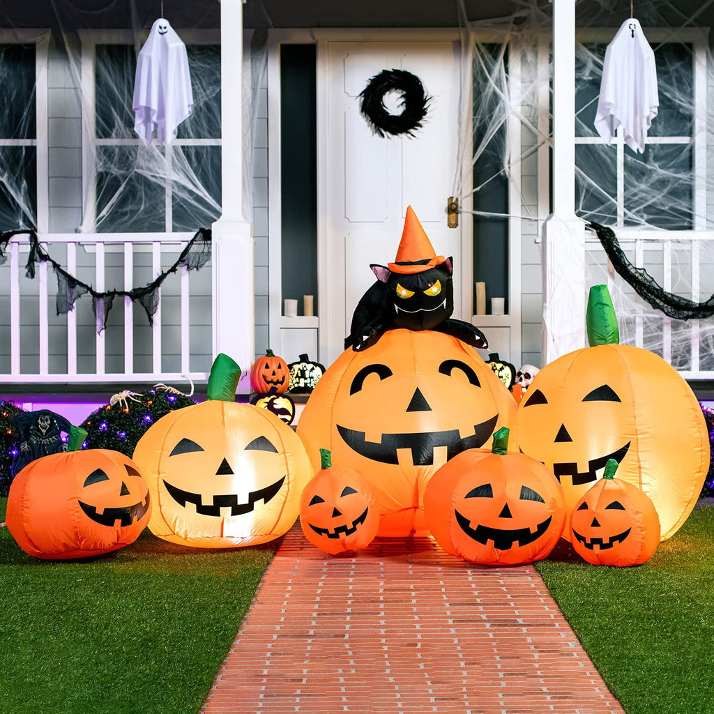 7 ft Halloween Inflatable Long Pumpkin with Witch's Cat Decorations Inflatables with Build-in LEDs,Halloween Decor Outdoor Blow Up Yard Decorations